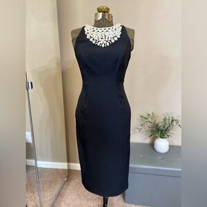Vintage Maggy London Black Sheath Dress Pearl Beaded Scuba Old Money Cocktail 8